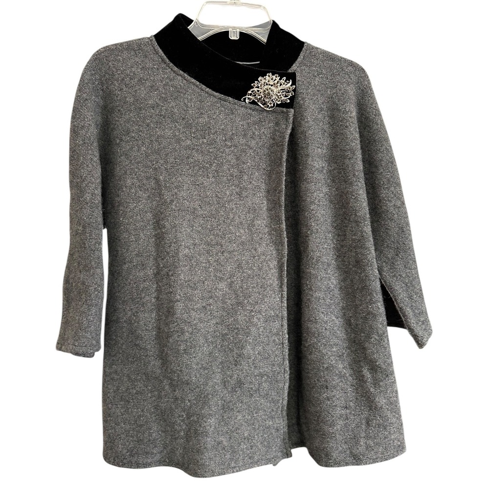 JM Collection M Petite Grey 100% Wool Cape Cardigan‎ Jacket Velvet Collar Brooch